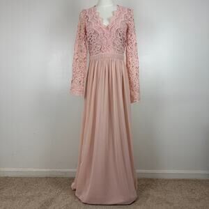 NWT Maniju Gown Long Sleeve Lace Evening Maxi Dress Size L Blush Pink Open Back